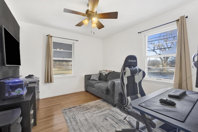 home office featuring hardwood / wood-style flooring and ceiling fan