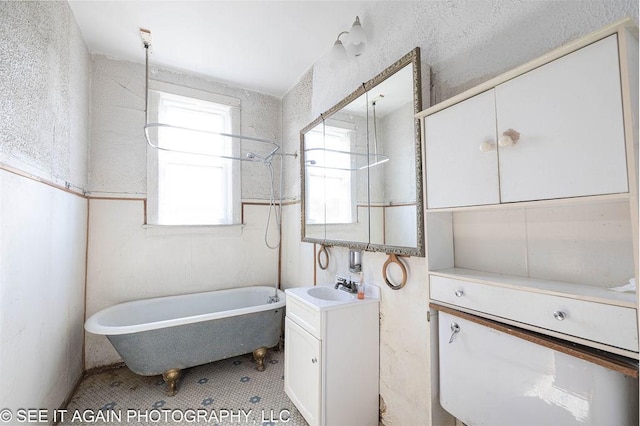 full bathroom featuring a freestanding tub and vanity