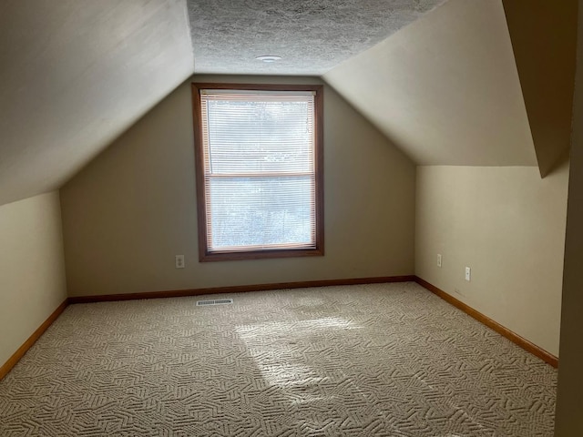 additional living space with lofted ceiling, a textured ceiling, a wealth of natural light, and light colored carpet