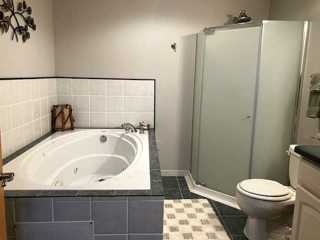 full bathroom with shower with separate bathtub, tile patterned flooring, vanity, and toilet