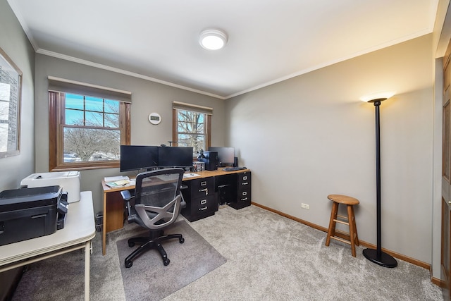 office featuring ornamental molding and light carpet