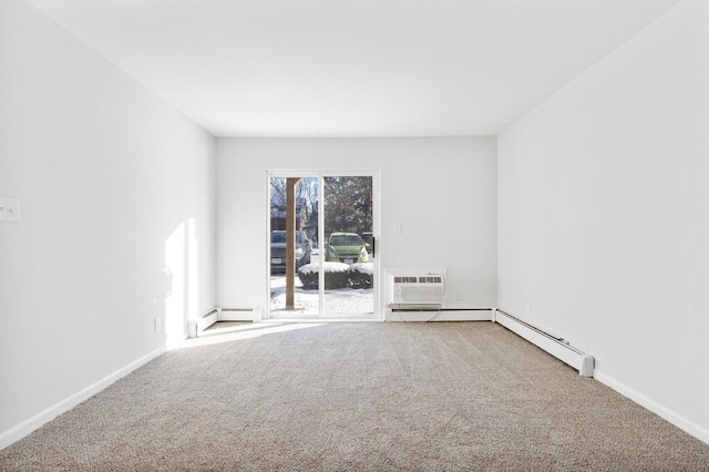 carpeted spare room with a baseboard heating unit and a wall unit AC