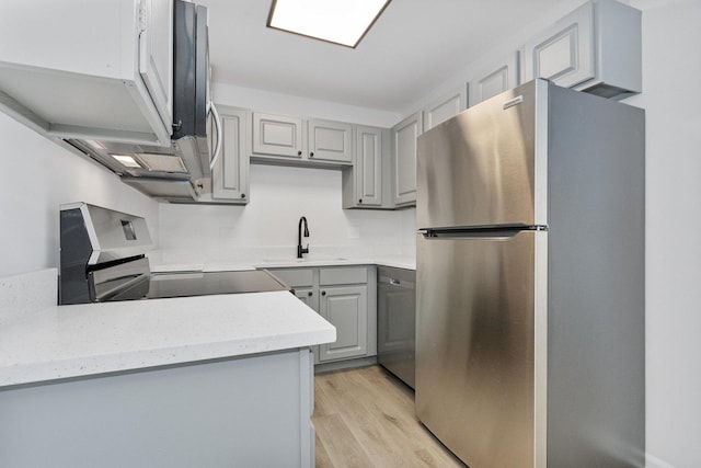 kitchen with stainless steel appliances, sink, light wood-type flooring, and gray cabinetry