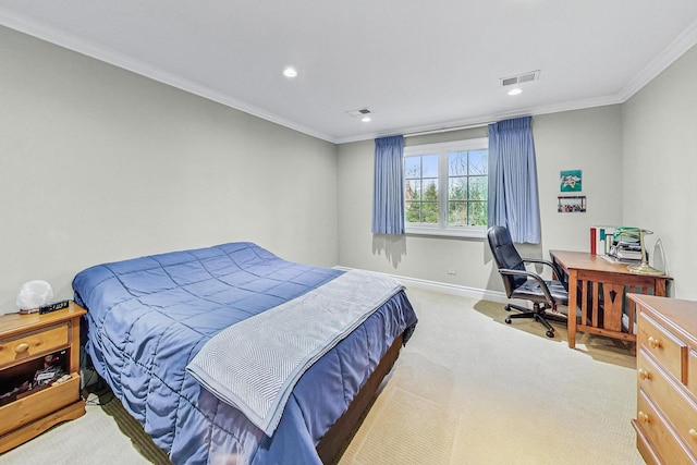 bedroom featuring crown molding and light carpet