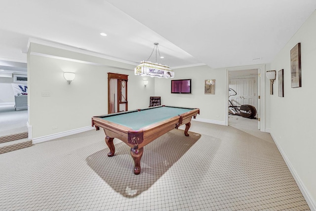 rec room featuring ornamental molding, light carpet, and pool table