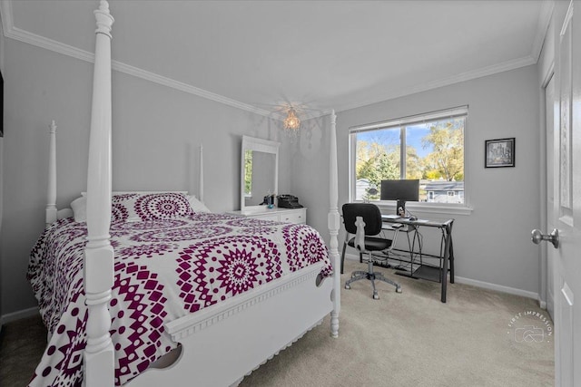 carpeted bedroom featuring crown molding