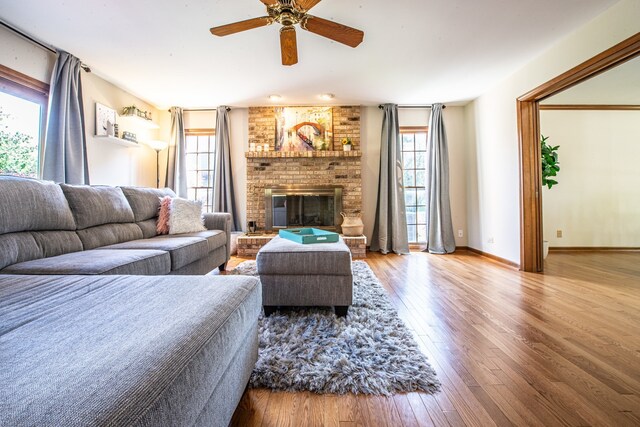 living room featuring wood-type flooring, a fireplace, and ceiling fan