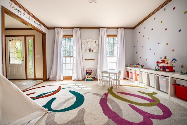 playroom with crown molding and light carpet