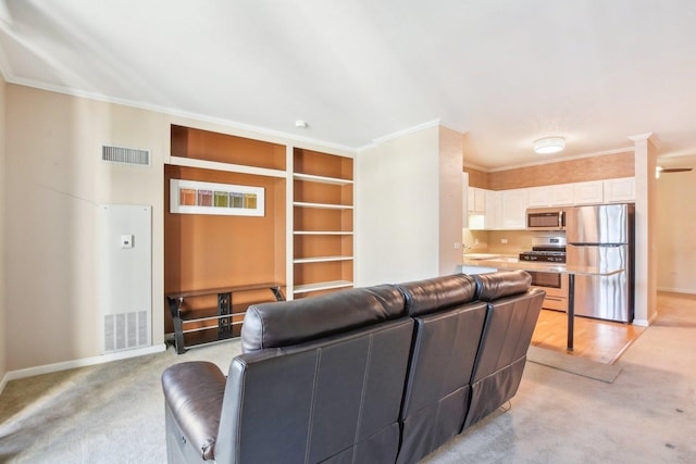 carpeted living room featuring crown molding