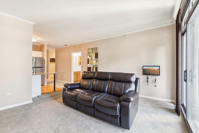 living room with light colored carpet and crown molding