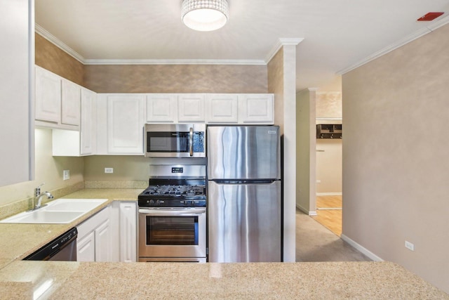 kitchen with white cabinetry, stainless steel appliances, sink, ornamental molding, and light stone counters