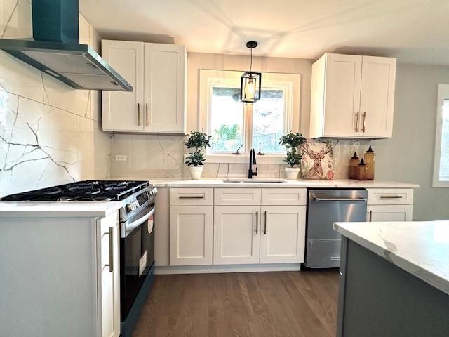 kitchen with sink, wall chimney range hood, stainless steel appliances, and white cabinets