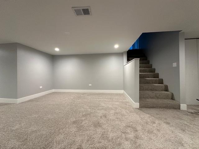 basement featuring carpet flooring