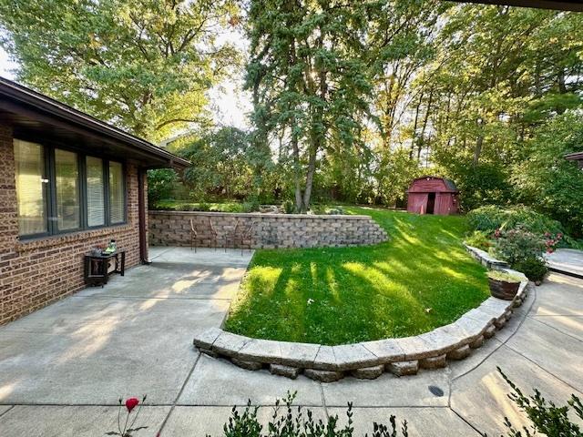 view of yard with a storage unit and a patio area