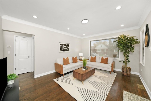 living room with ornamental molding and dark hardwood / wood-style flooring