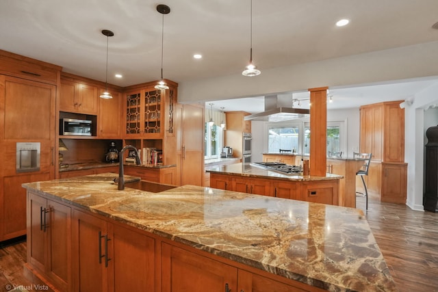 kitchen featuring appliances with stainless steel finishes, pendant lighting, sink, light stone countertops, and a spacious island