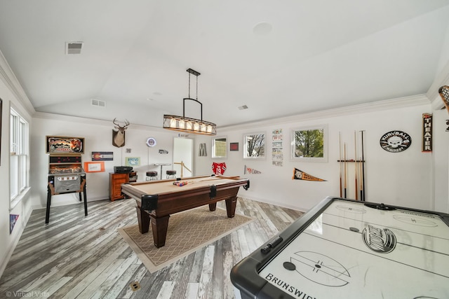 recreation room featuring lofted ceiling, pool table, wood-type flooring, and ornamental molding