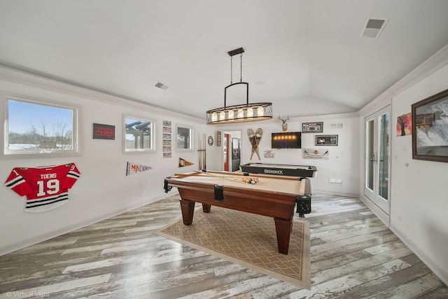 playroom featuring vaulted ceiling, a healthy amount of sunlight, billiards, and light hardwood / wood-style flooring