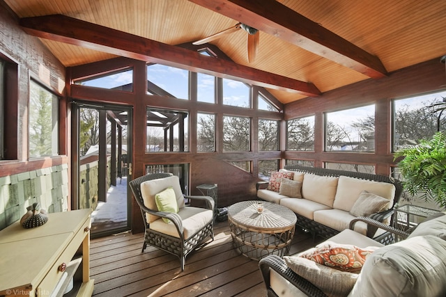 sunroom / solarium with wood ceiling and lofted ceiling with beams