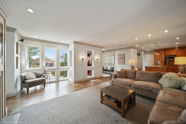 living room with ornamental molding and light hardwood / wood-style floors