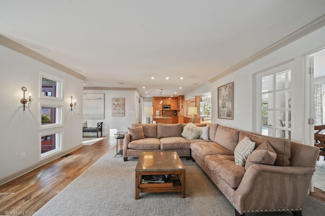 living room with crown molding and hardwood / wood-style floors