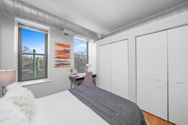 bedroom with multiple closets and hardwood / wood-style floors