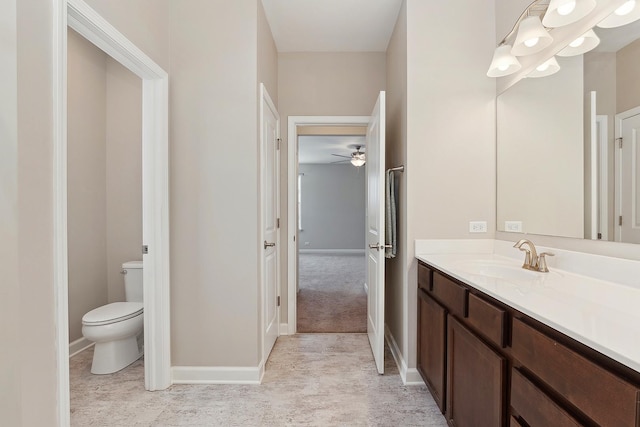 bathroom with toilet, ceiling fan, and vanity