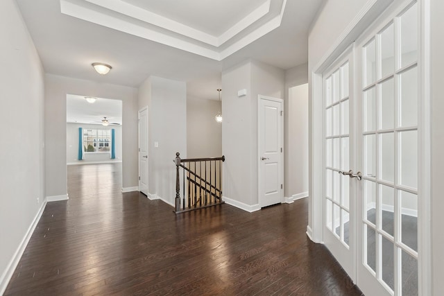 hall with dark hardwood / wood-style floors and a raised ceiling