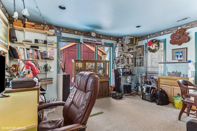 home office featuring carpet flooring