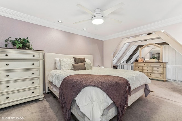 bedroom featuring ceiling fan, crown molding, and dark colored carpet