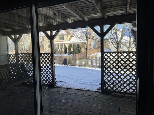 view of snow covered patio