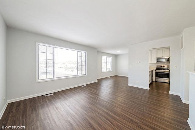 unfurnished living room with dark hardwood / wood-style flooring