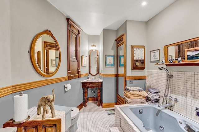 bathroom with a relaxing tiled tub and toilet