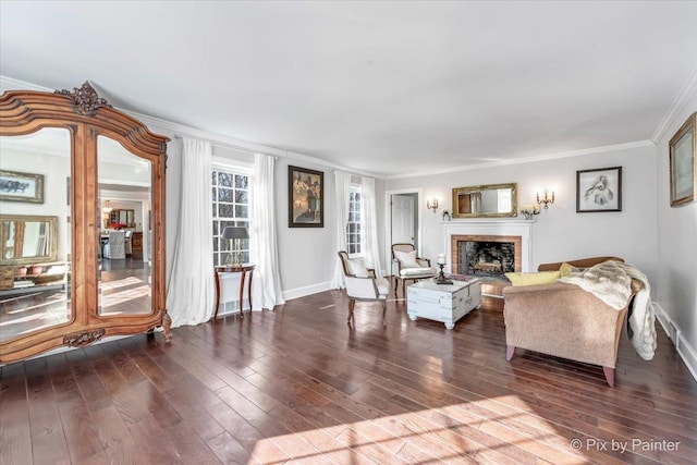 living room with baseboards, a fireplace, ornamental molding, and dark wood-style flooring