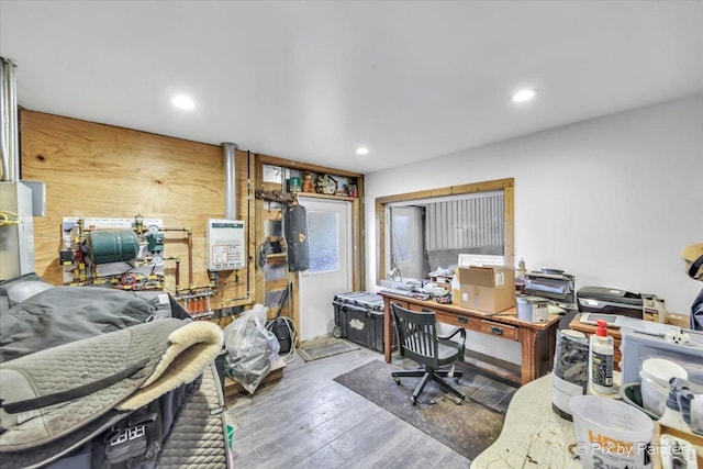 office featuring wood finished floors and recessed lighting