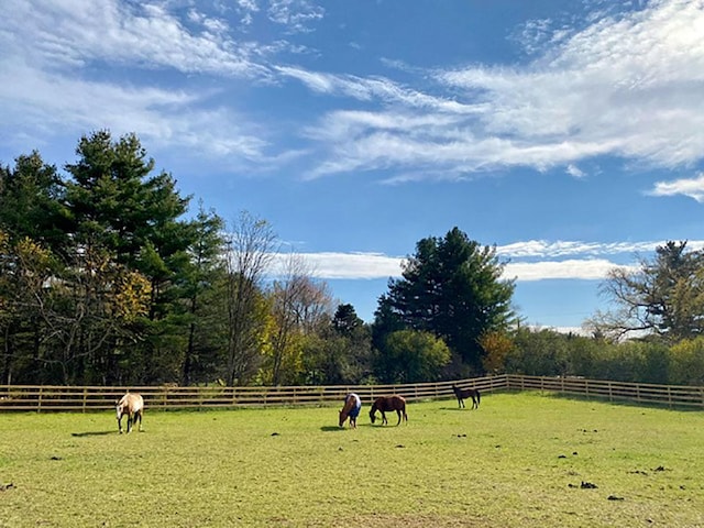 surrounding community with a rural view and fence