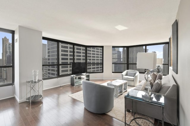 living room with a textured ceiling and dark wood-type flooring