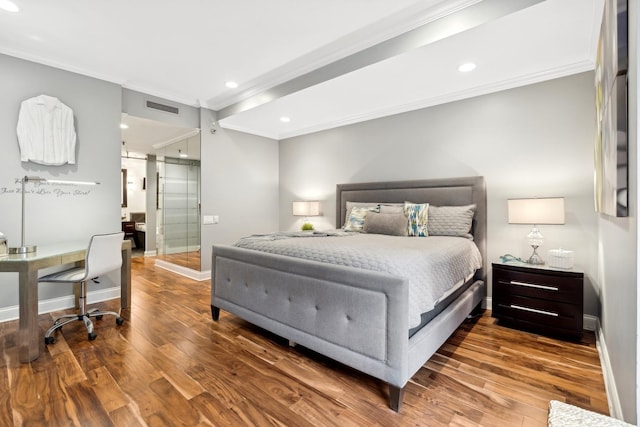 bedroom with hardwood / wood-style flooring and ornamental molding