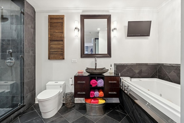 full bathroom with vanity, crown molding, shower with separate bathtub, and toilet