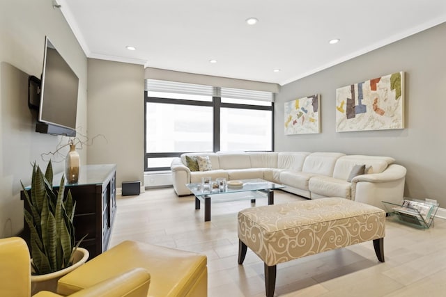 living room featuring ornamental molding and plenty of natural light