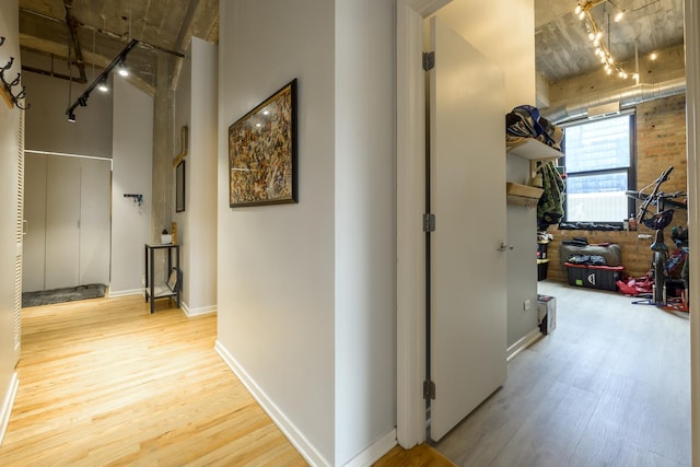 hall featuring rail lighting and light hardwood / wood-style flooring