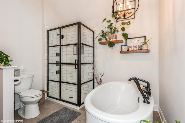 bathroom featuring independent shower and bath, toilet, and an inviting chandelier