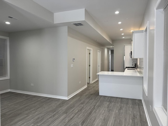 kitchen with sink, white cabinetry, dark hardwood / wood-style flooring, and kitchen peninsula