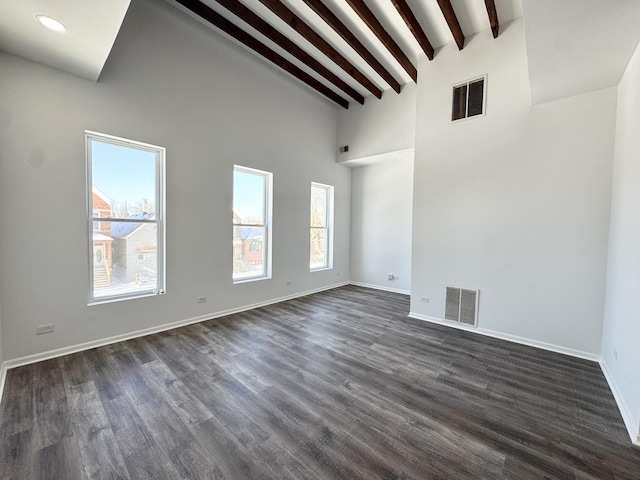 empty room featuring beamed ceiling, high vaulted ceiling, and dark hardwood / wood-style flooring