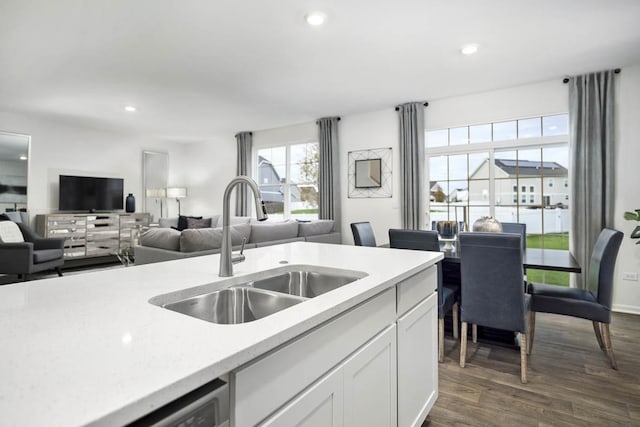 kitchen with sink, dark wood-type flooring, white cabinets, and dishwasher