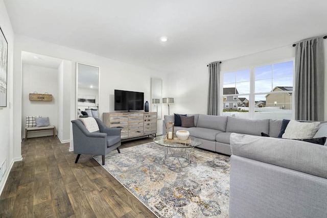 living room featuring dark wood-type flooring