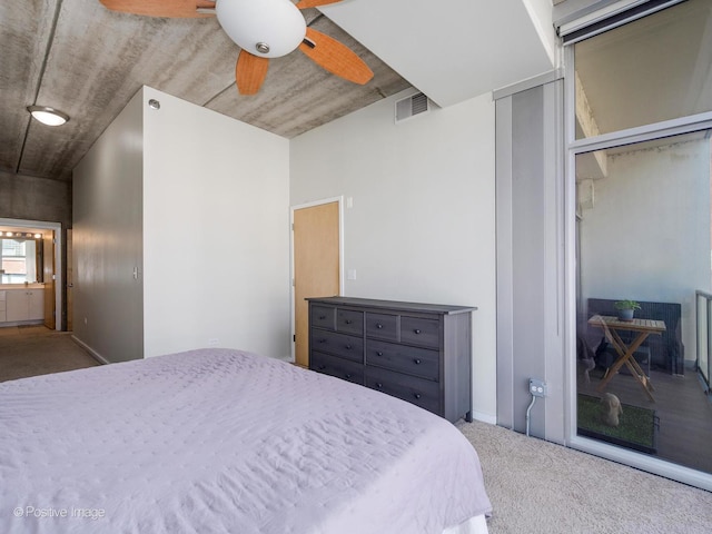 bedroom with a closet, light carpet, and ceiling fan