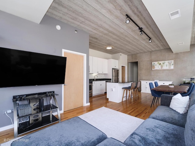 living room with track lighting, sink, and light hardwood / wood-style flooring