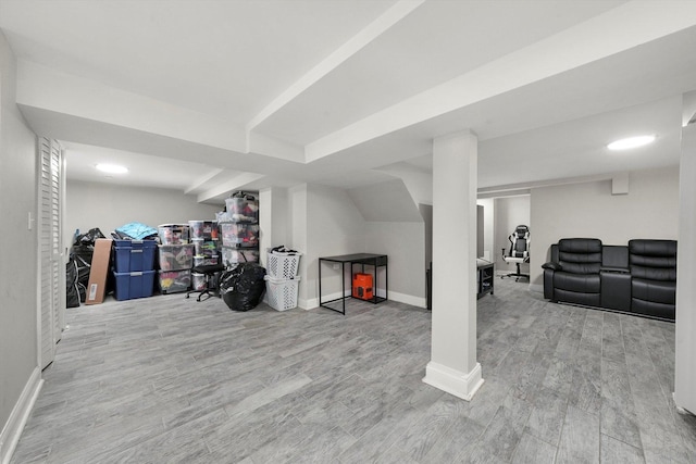 basement with light wood-type flooring