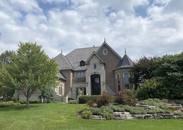 french provincial home featuring brick siding, a front yard, stone siding, and a standing seam roof